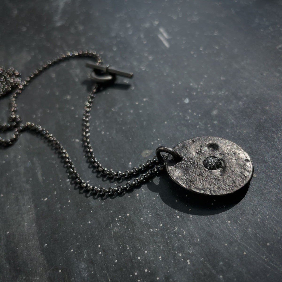 Dot necklace oxidised silver with raw black diamond
