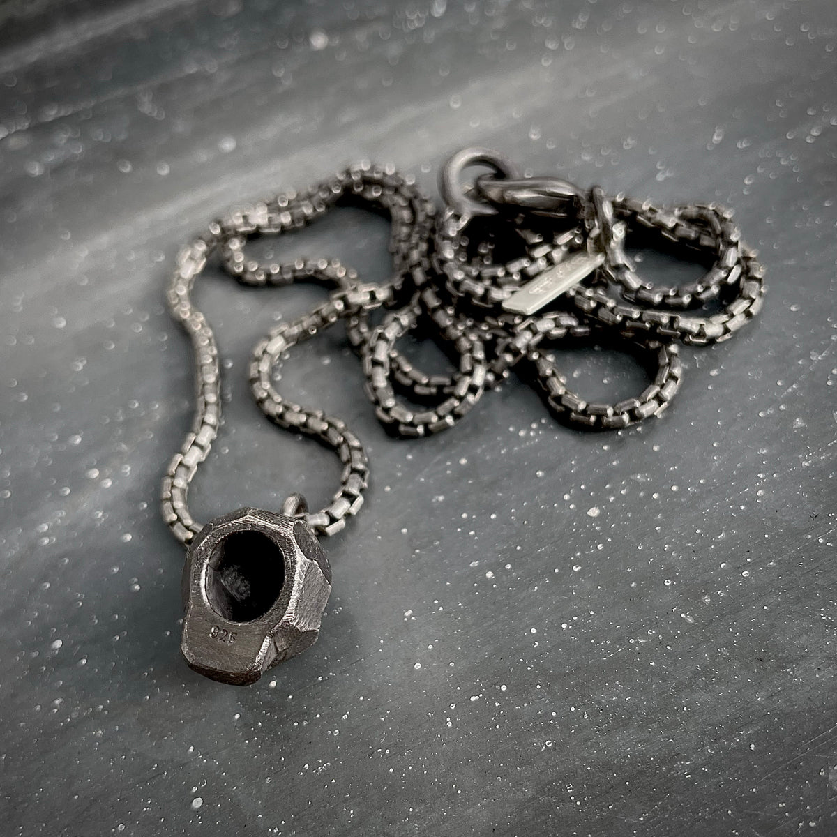 Skull necklace 3 D oxidised silver back side