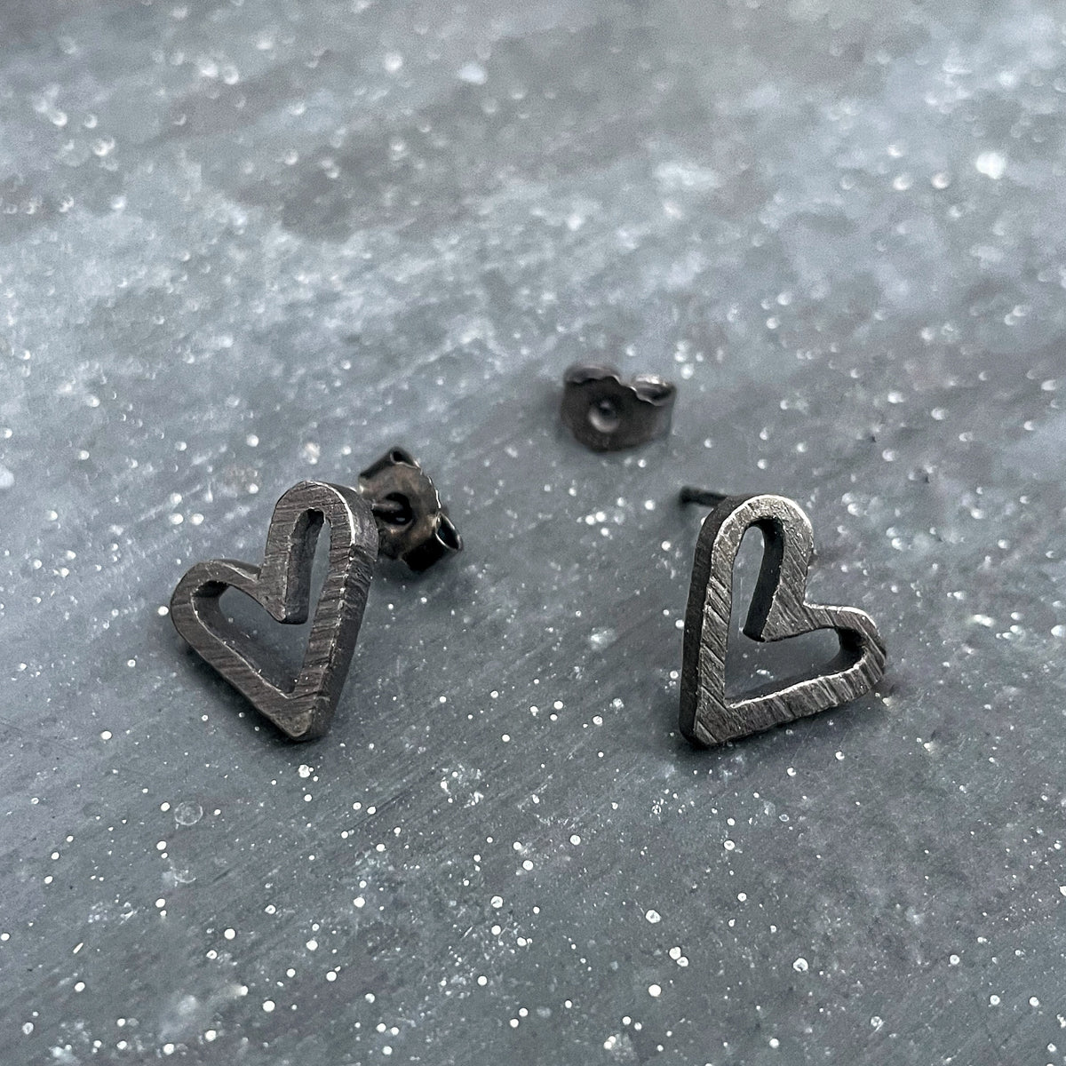 Heart ear studs in oxidised silver