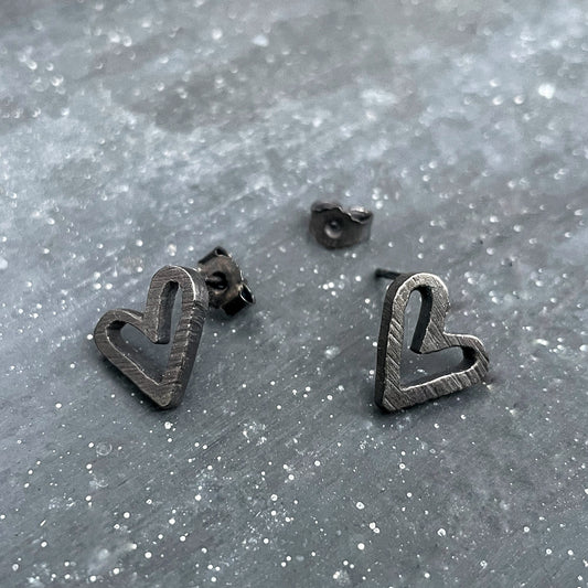 Heart ear studs in oxidised silver